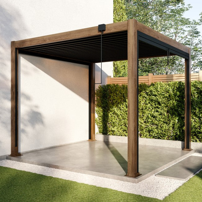 3 x 3m Heavy Duty Wood Effect Aluminium Pergola with Louvred Shutter Roof and Two Textilene Side Panel SKU: FTR230
