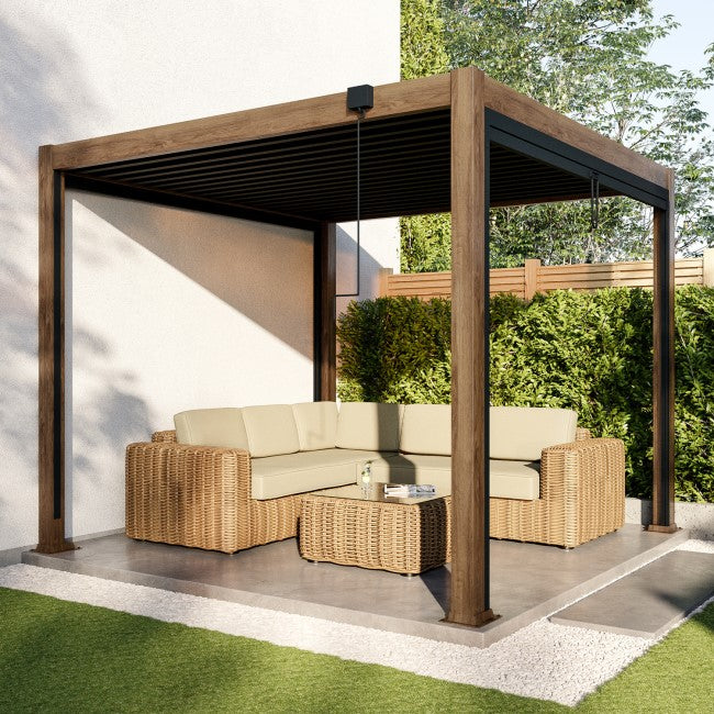 3 x 3m Heavy Duty Wood Effect Aluminium Pergola with Louvred Shutter Roof and Two Textilene Side Panel SKU: FTR230