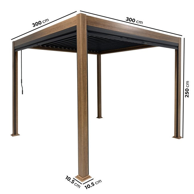 3 x 3m Heavy Duty Wood Effect Aluminium Pergola with Louvred Shutter Roof and Two Textilene Side Panel SKU: FTR230
