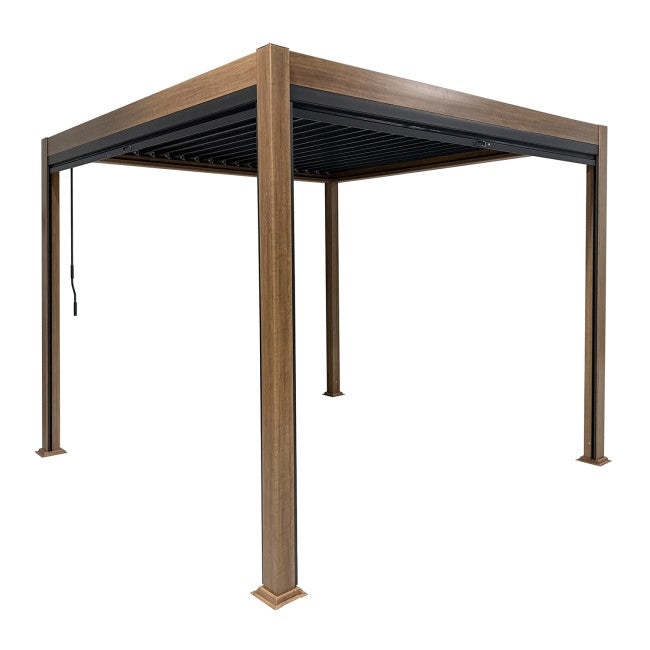 3 x 3m Heavy Duty Wood Effect Aluminium Pergola with Louvred Shutter Roof and Two Textilene Side Panel SKU: FTR230