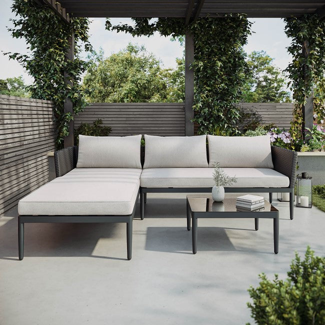 4 Seater Black Rattan Outdoor Corner Sofa Set with Chaise Lounge and Coffee Table SKU: FTR199