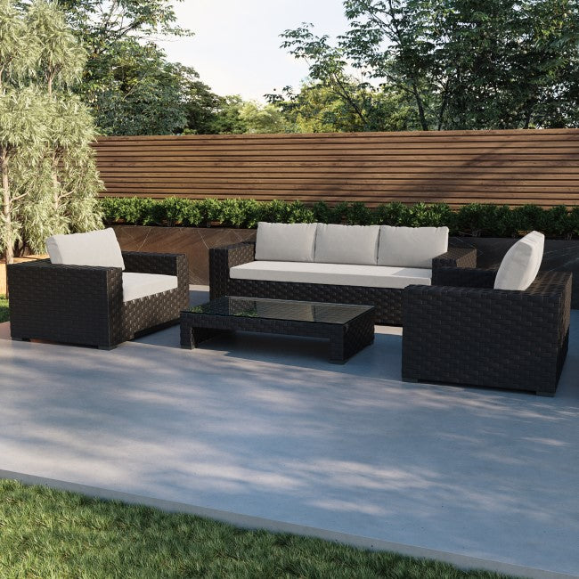 5 Seater Thick Weave Black Rattan Garden Sofa Set with Armchairs & Coffee Table - Aspen SKU: FTR186