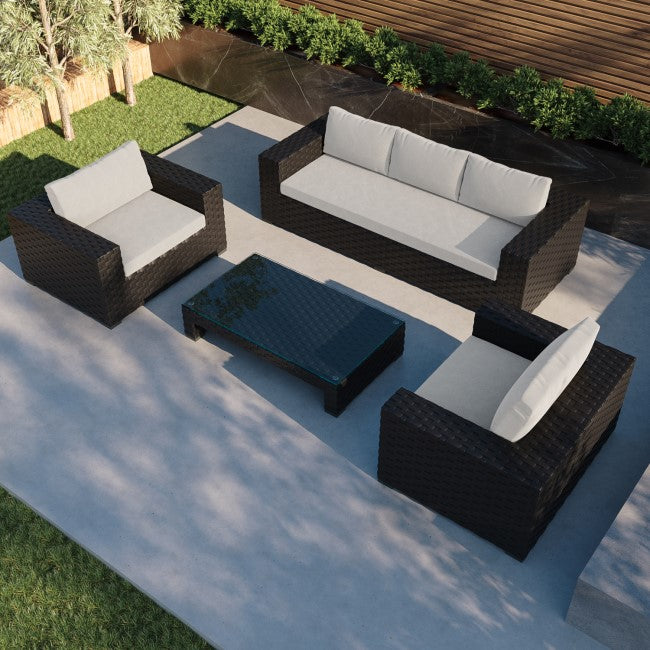 5 Seater Thick Weave Black Rattan Garden Sofa Set with Armchairs & Coffee Table - Aspen SKU: FTR186