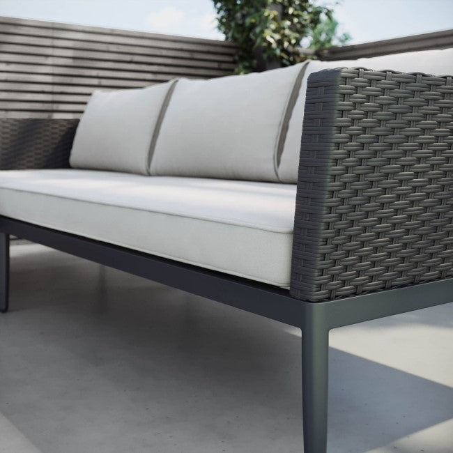4 Seater Black Rattan Outdoor Corner Sofa Set with Chaise Lounge and Coffee Table SKU: FTR199