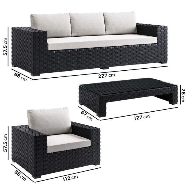 5 Seater Thick Weave Black Rattan Garden Sofa Set with Armchairs & Coffee Table - Aspen SKU: FTR186