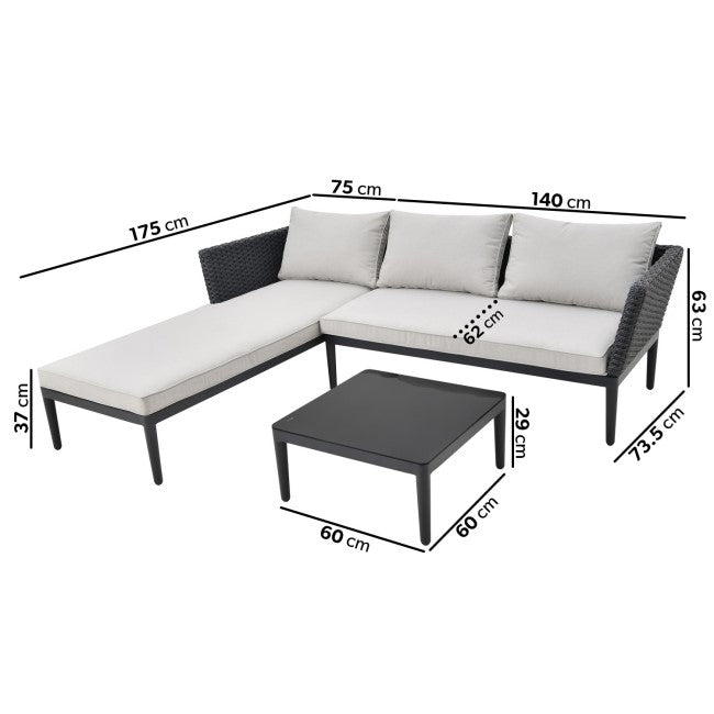 4 Seater Black Rattan Outdoor Corner Sofa Set with Chaise Lounge and Coffee Table SKU: FTR199