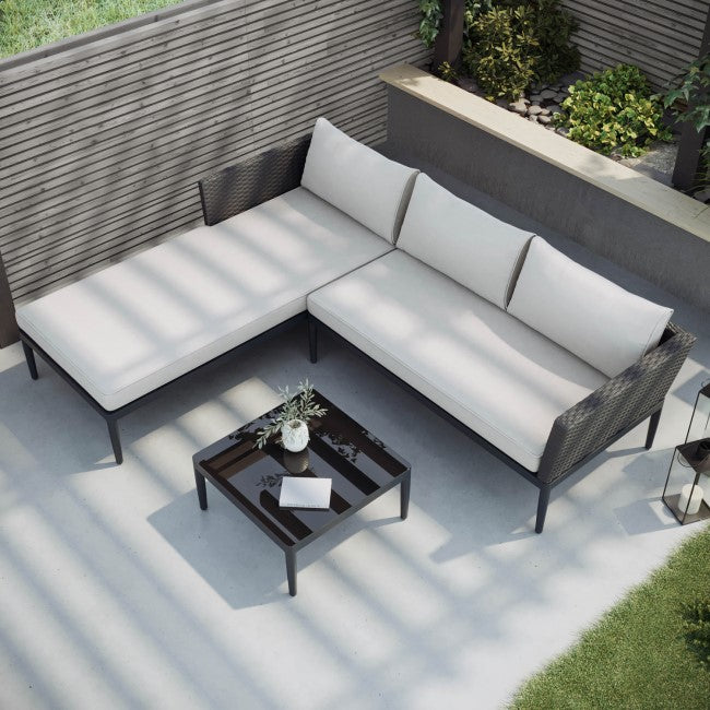 4 Seater Black Rattan Outdoor Corner Sofa Set with Chaise Lounge and Coffee Table SKU: FTR199