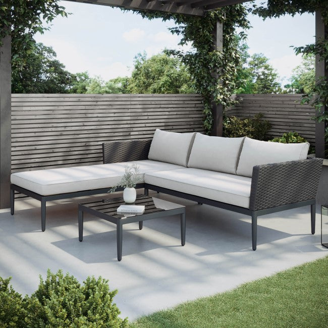 4 Seater Black Rattan Outdoor Corner Sofa Set with Chaise Lounge and Coffee Table SKU: FTR199