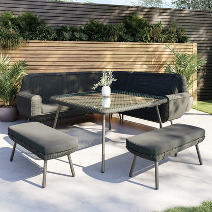6 Seater Dark Grey Rattan Corner Dining Set with 2 Benches - Como  SKU: FTR202