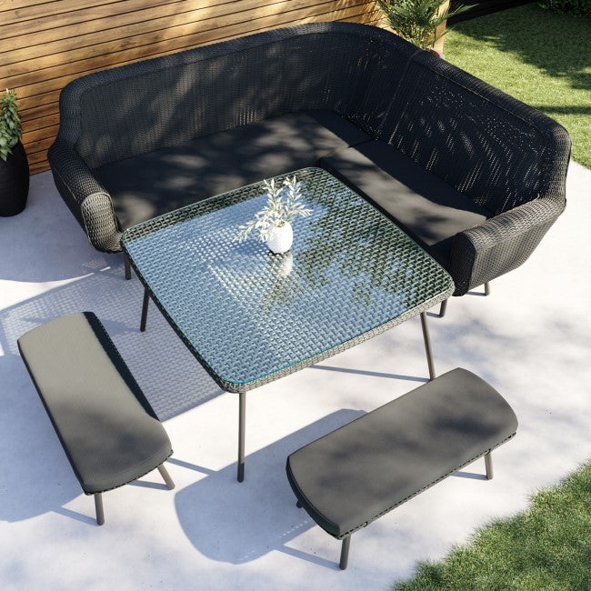 6 Seater Dark Grey Rattan Corner Dining Set with 2 Benches - Como  SKU: FTR202