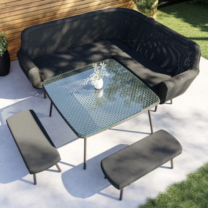 6 Seater Dark Grey Rattan Corner Dining Set with 2 Benches - Como  SKU: FTR202