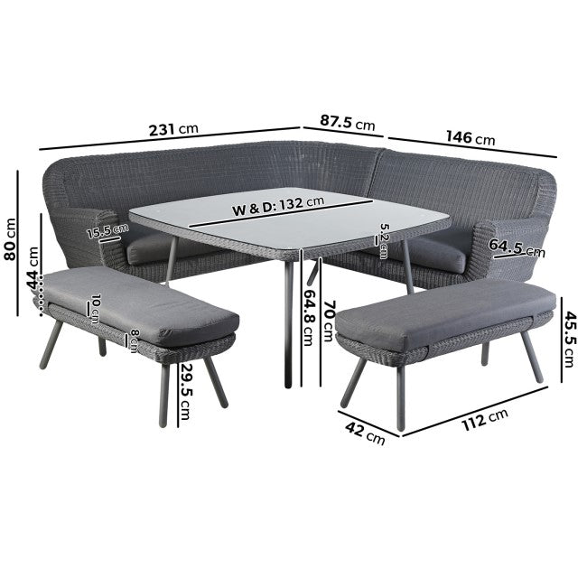 6 Seater Dark Grey Rattan Corner Dining Set with 2 Benches - Como  SKU: FTR202