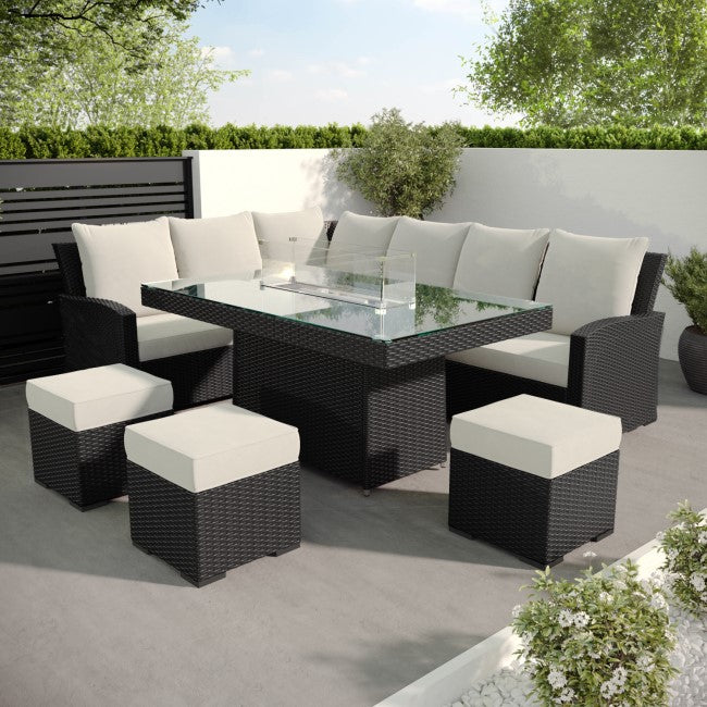 8 Seater Black Rattan Corner Garden Dining Set with Firepit Table - Aspen  SKU: FTR187