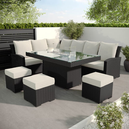 8 Seater Black Rattan Corner Garden Dining Set with Firepit Table - Aspen  SKU: FTR187