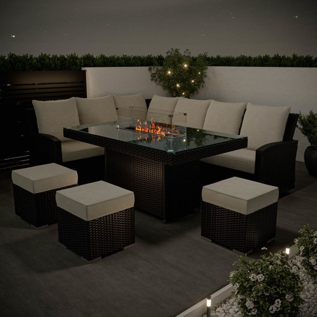 8 Seater Black Rattan Corner Garden Dining Set with Firepit Table - Aspen  SKU: FTR187