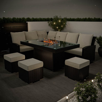 8 Seater Black Rattan Corner Garden Dining Set with Firepit Table - Aspen  SKU: FTR187