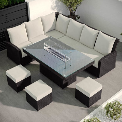 8 Seater Black Rattan Corner Garden Dining Set with Firepit Table - Aspen  SKU: FTR187