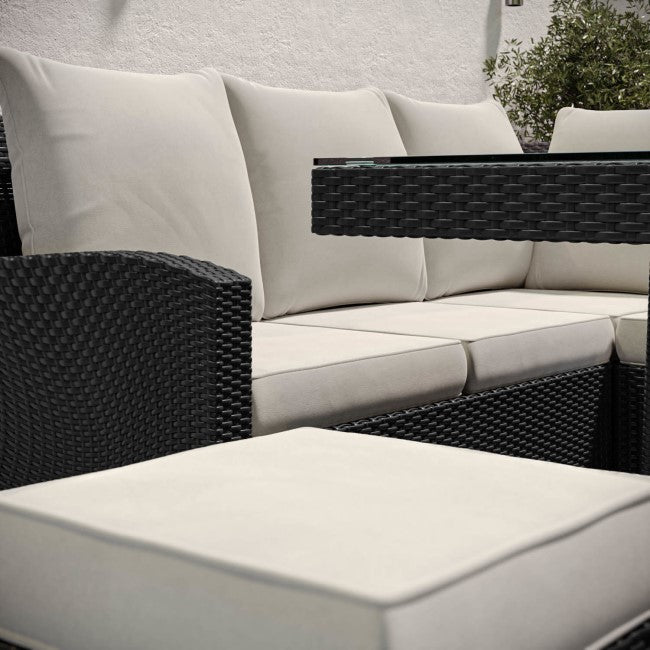 8 Seater Black Rattan Corner Garden Dining Set with Firepit Table - Aspen  SKU: FTR187