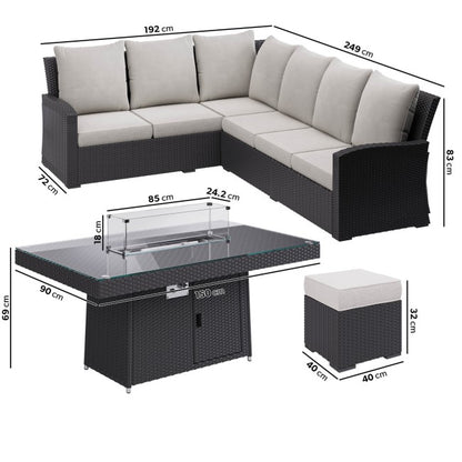 8 Seater Black Rattan Corner Garden Dining Set with Firepit Table - Aspen  SKU: FTR187